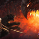 Drow ranger Drizzt Do'Urden and his black panther Guenhwyvar leap into action against a flame-breathing dragon.